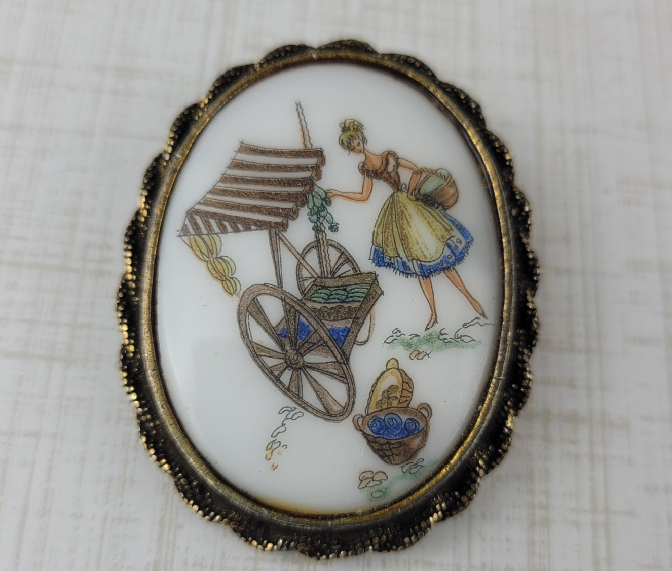 Vintage Lady Fruit and Vegetable Seller Cameo Gold Tone Brooch