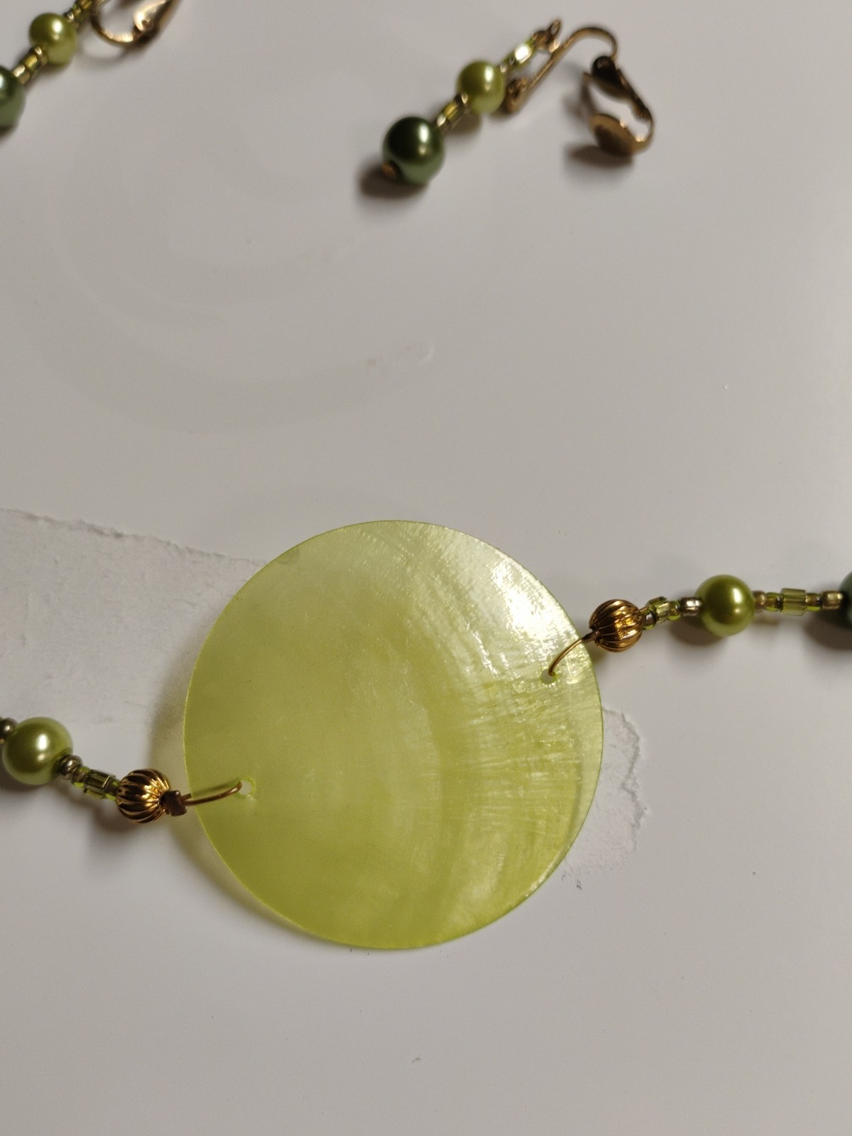Green Shell and Green Mother Off Pearl Pendant Green Pearl 20″None Pierced Earri