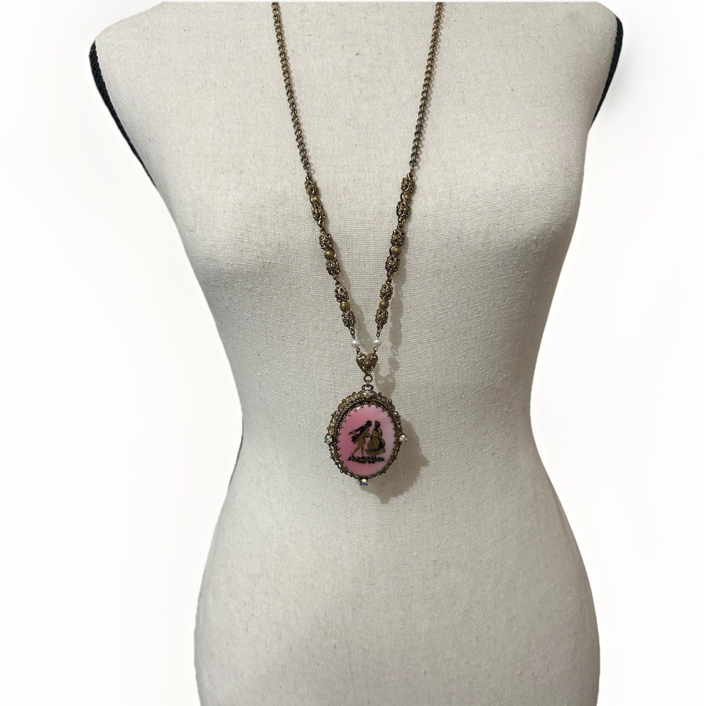 VTG Antique West Germany Couple Painted Bright Pink 32in Necklace Signed Read