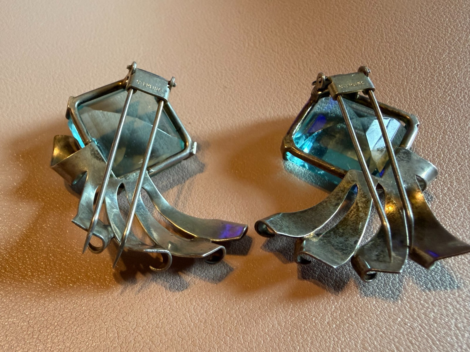 Vintage Art Deco Sterling Silver Emerald Cut Blue Topaz Drop Earrings