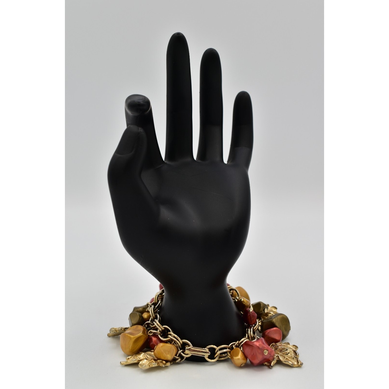 Vintage 7″ Charm Bracelet Leaf Lucite Brushed Gold Fall Autumn Chunky 1960s BinO