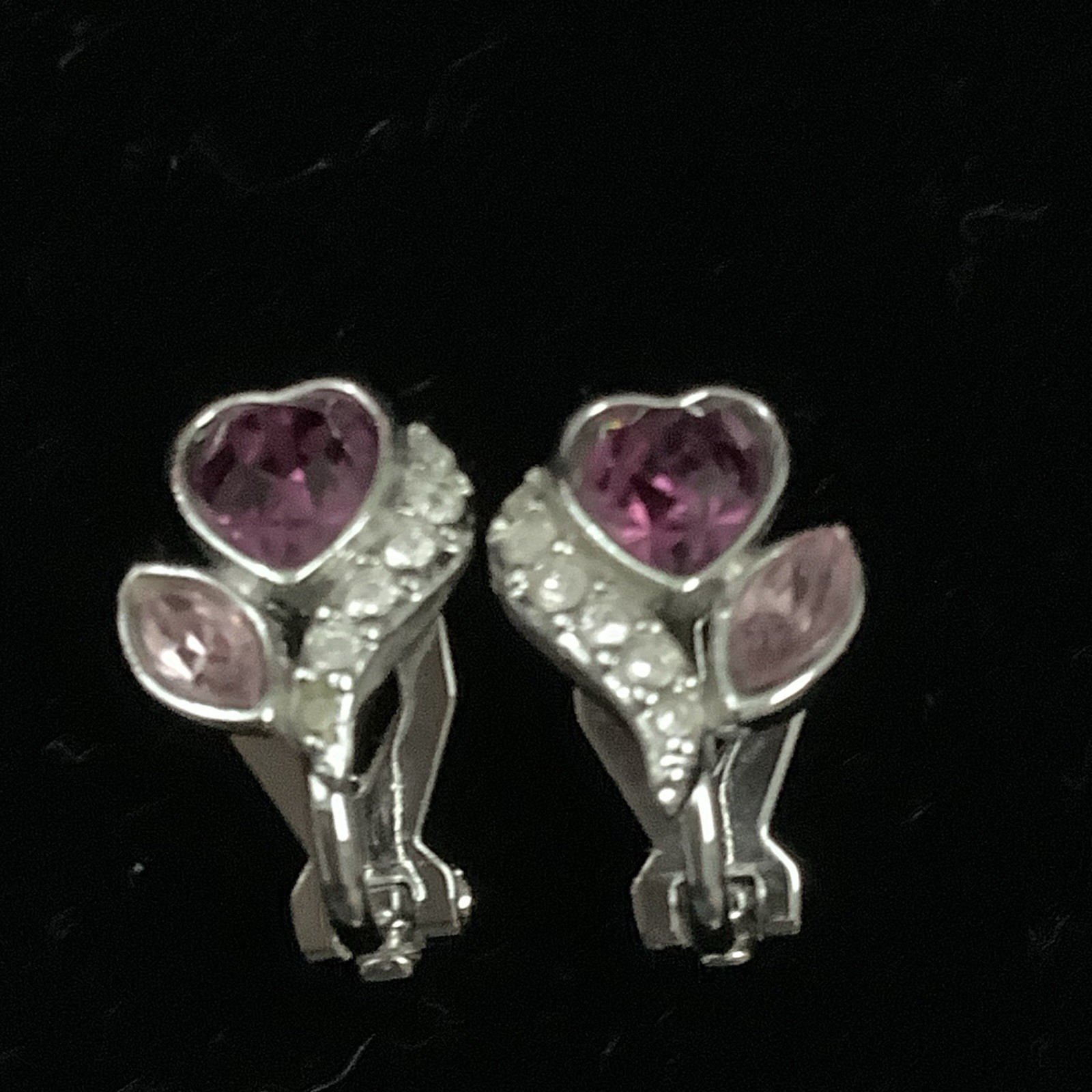 Vintage Pink Heart Clip On Earrings Signed By Unknown Maker