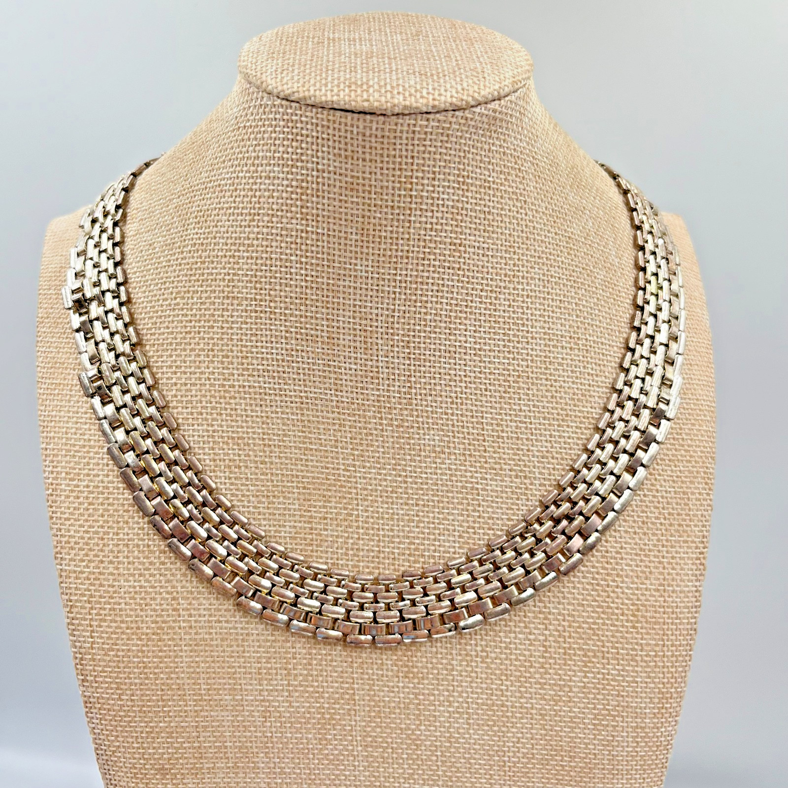 Vintage Retro Silver Tone 7-Row Brick Link Choker Necklace, Deco Style Statement