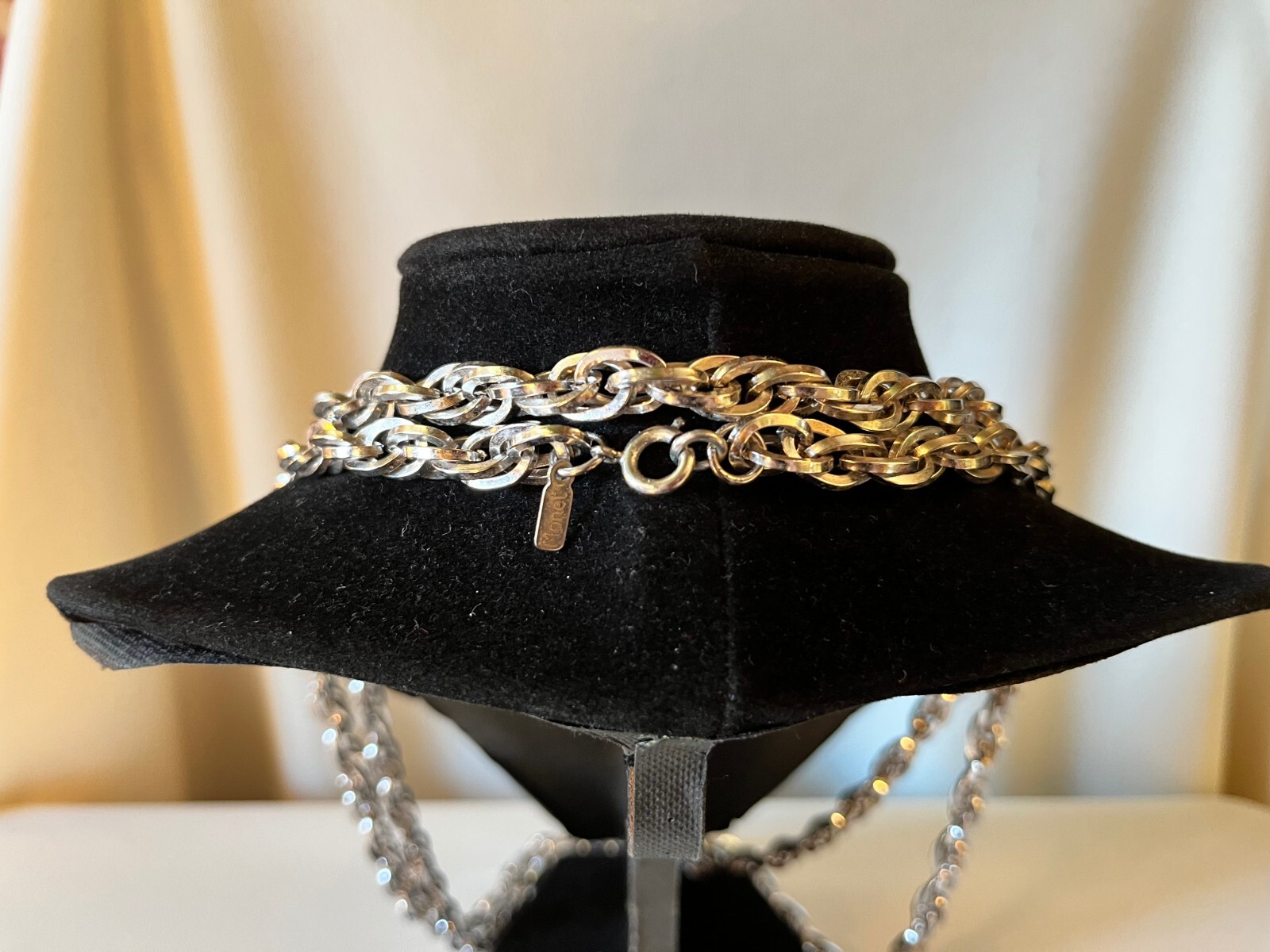 Vintage “Monet” Silver Tone Extra Long Multiple Heavy Link Necklace, Signed