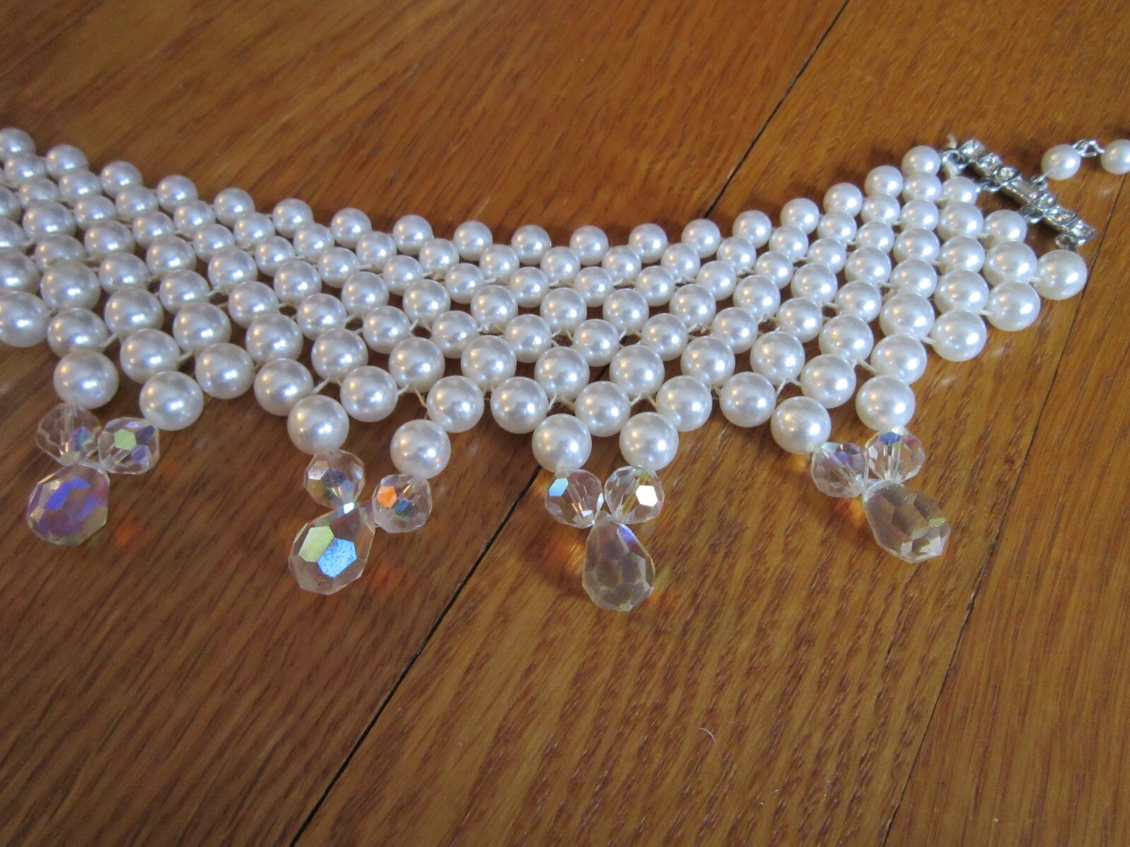 Vtg Faux Pearl Crystal Bead Choker Necklace Layered Bib Statement Wedding Retro