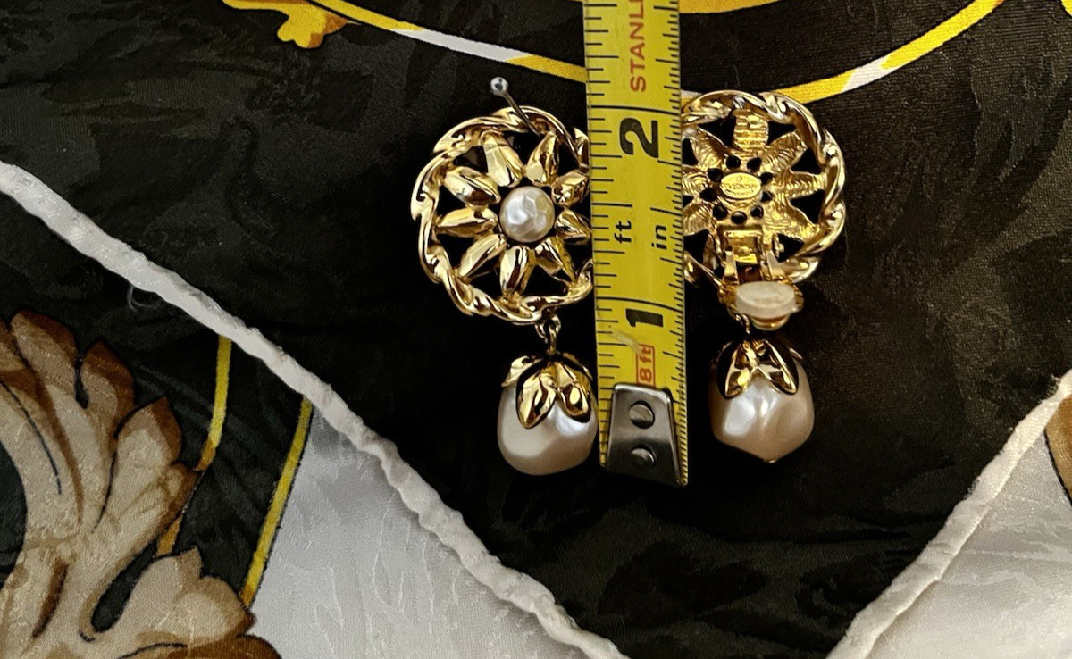 Vintage Givenchy Paris NY Earrings Golden Pearl Cabochon 2” Dangle Drop Clip On
