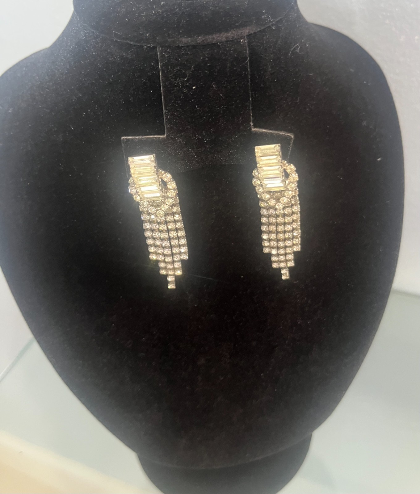 Vintage Rhinestone Cascade Pierced Earrings & 3-Row Stretch Bracelet Set