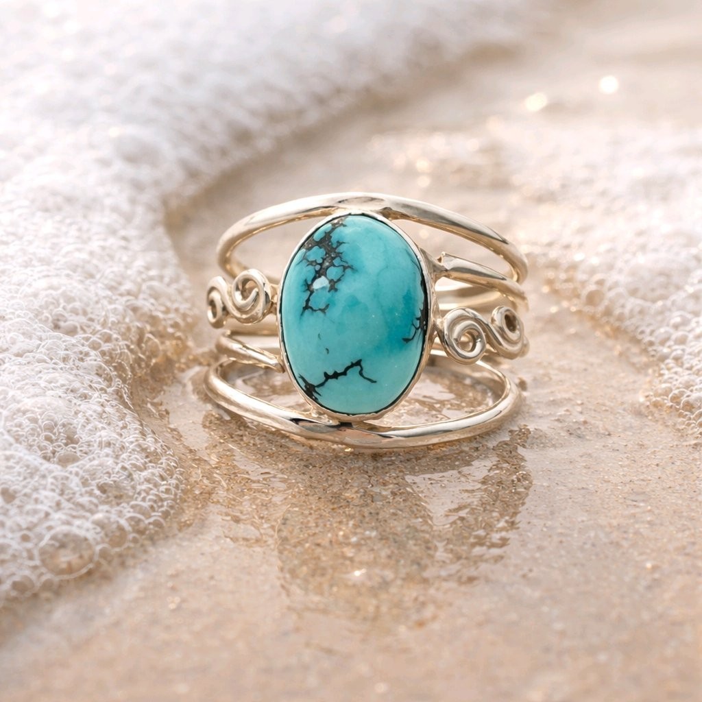 Turquoise Ring Sterling Silver Boho Oval Gemstone Multi Band Bypass 925