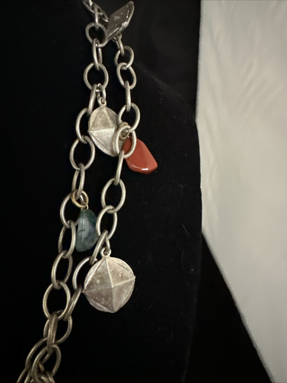 Vintage Silver Tone Chain Charm Necklace With Gemstones