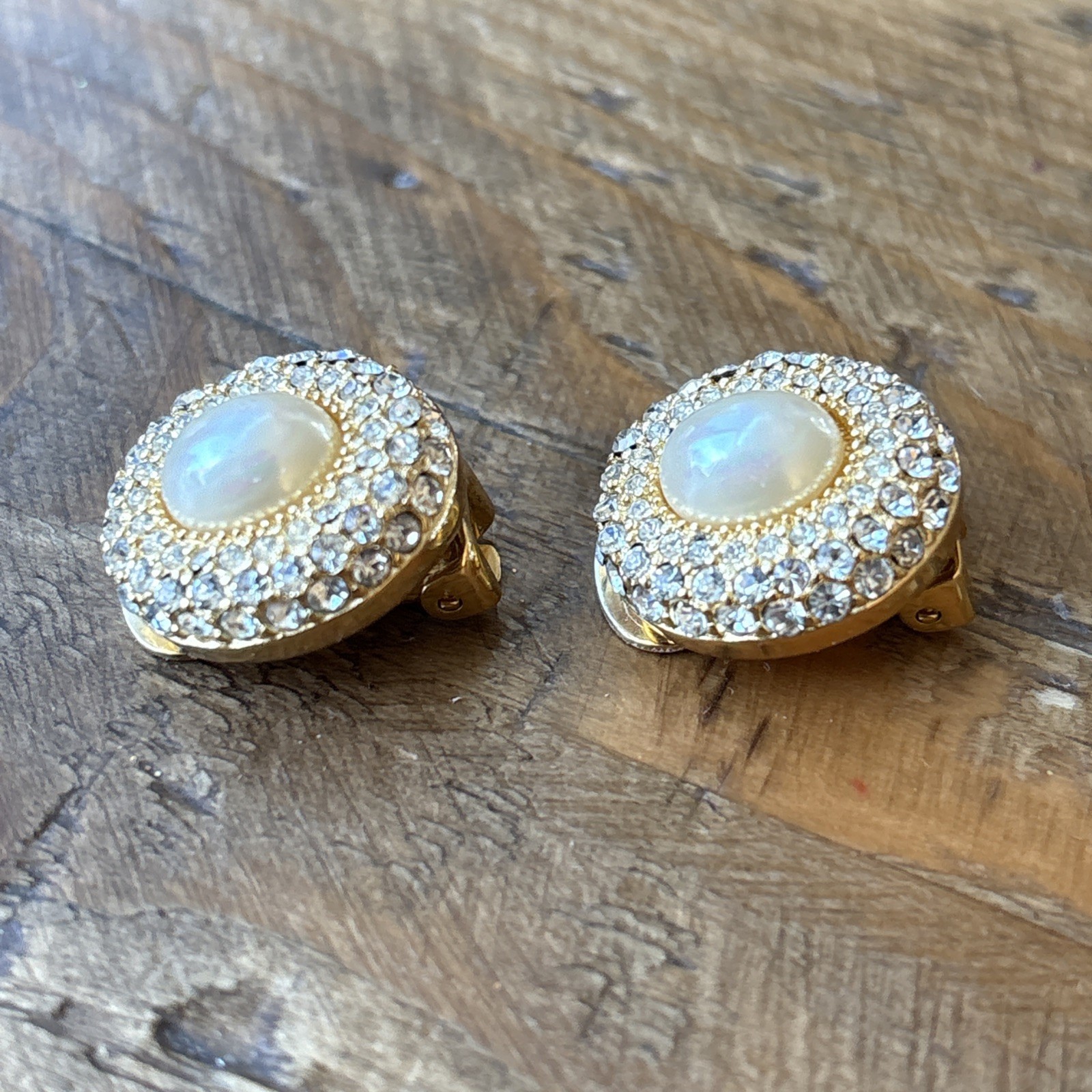 Vintage Signed CHRISTIAN DIOR Clip-On Earrings With Crystals And White Pearl