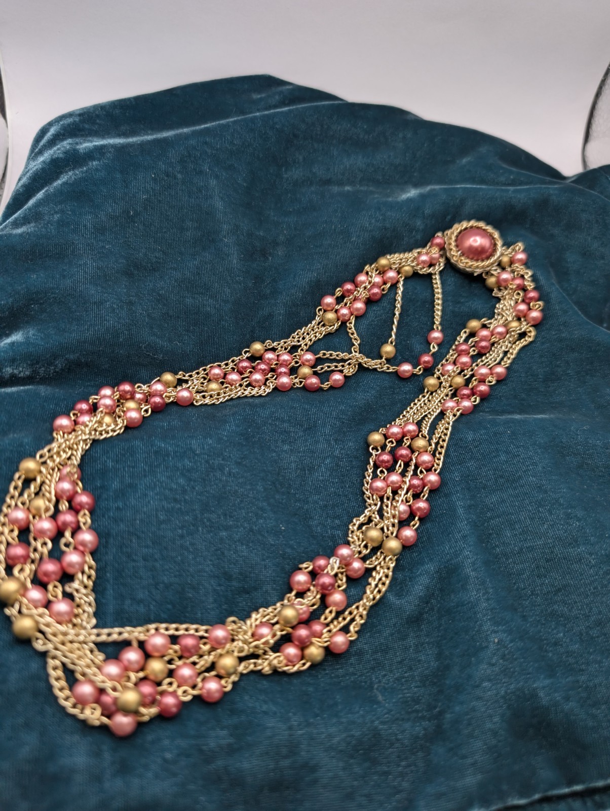 Made in Japan Vintage Jewelry Set Pink & Pearl & Gold Necklace & Earrings