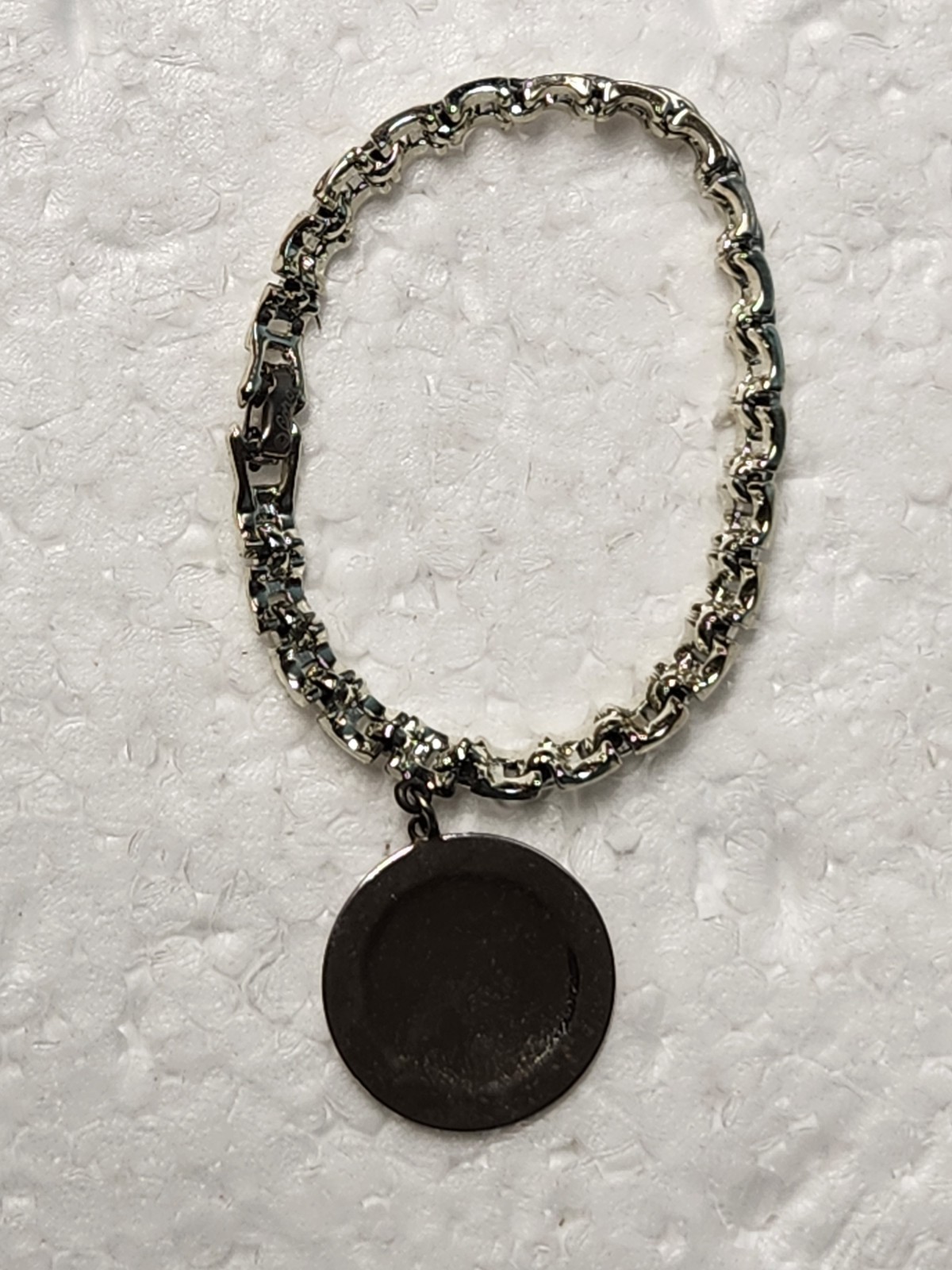 Signed Coro Silvertone Chain Link Bracelet With Large Round Charm