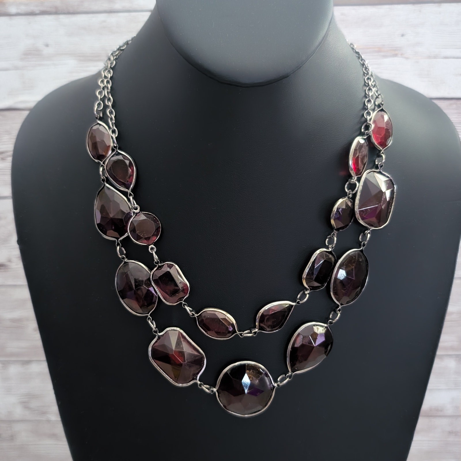 Vintage Necklace Dark Red and Dark Silver Tone / Grey Statement Necklace