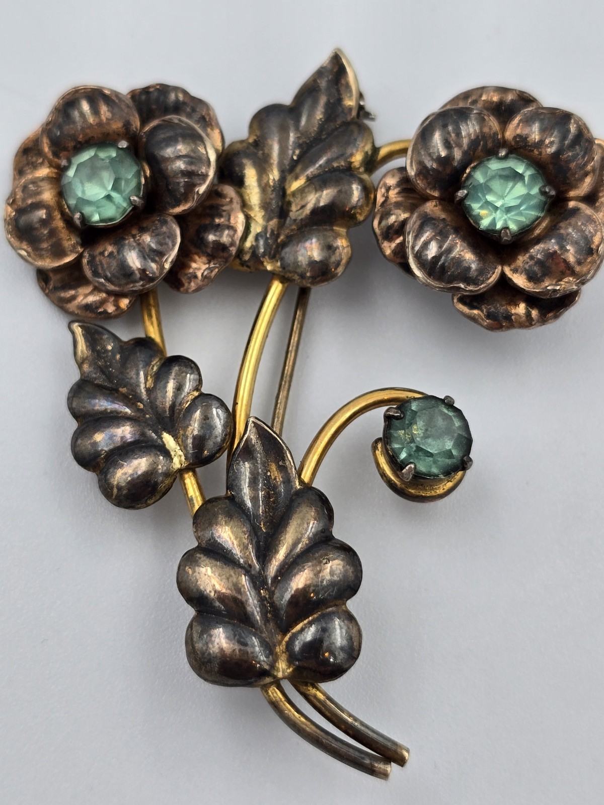Vintage Sterling Silver 1/20 12K Gold Filled Green Rhinestone Flower Brooch Pin