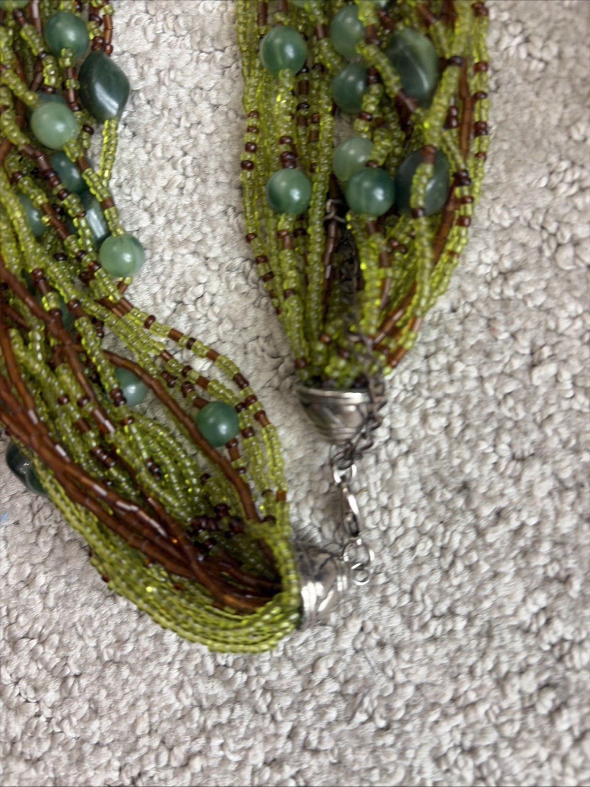 Multi Strand (25) Seed Bead Necklace 16” Choker Green and Brown Beads