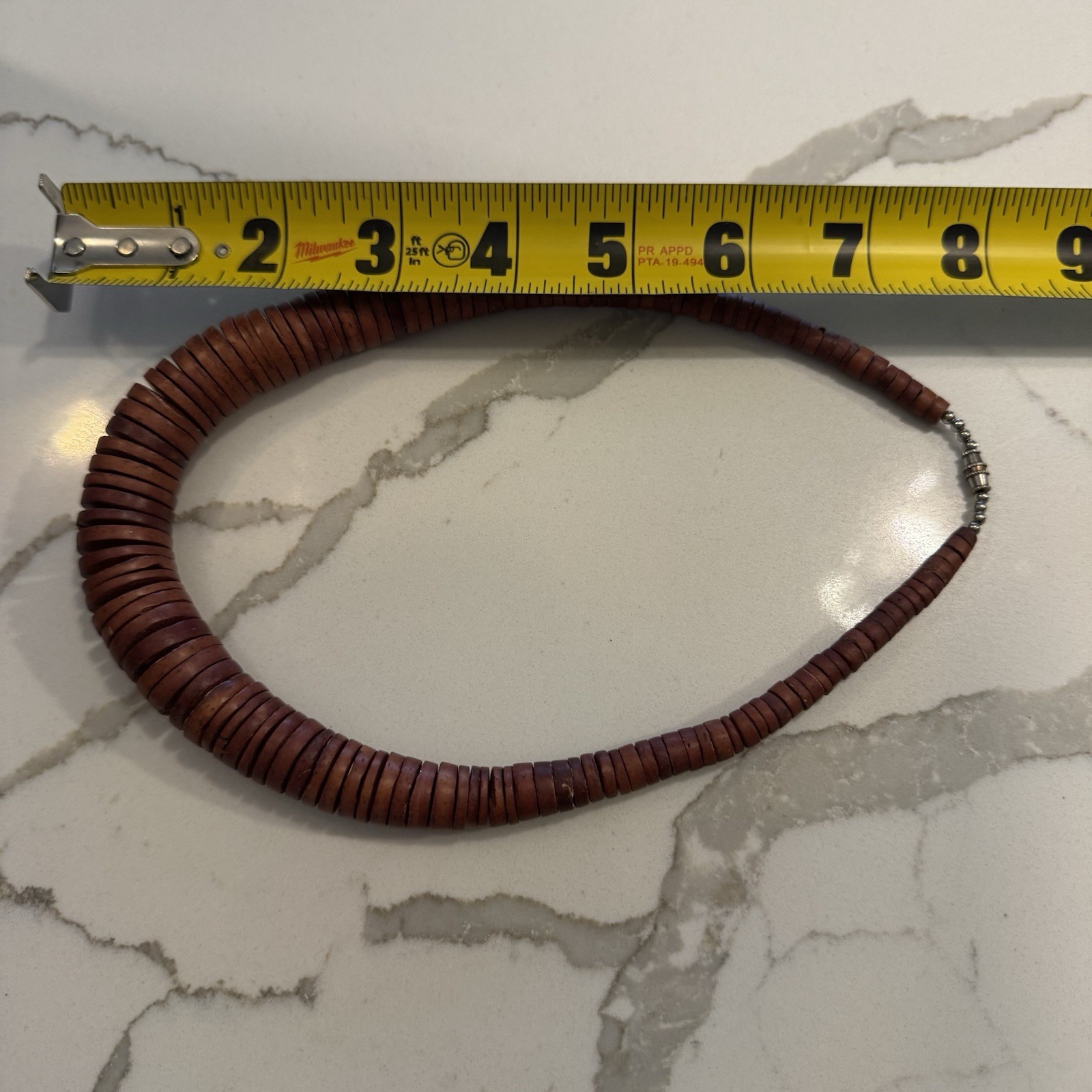 Vintage Wood Coin Necklace 18” Brown Graduated Wooden Beads Barrel Clasp EH