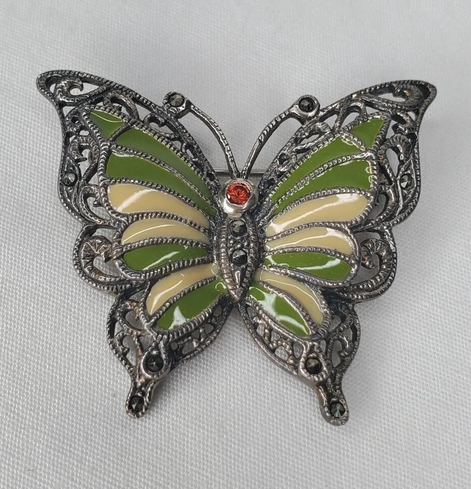 Vintage Sterling Silver Butterfly Brooch Green Yellow Enamel Wings Figural Pin