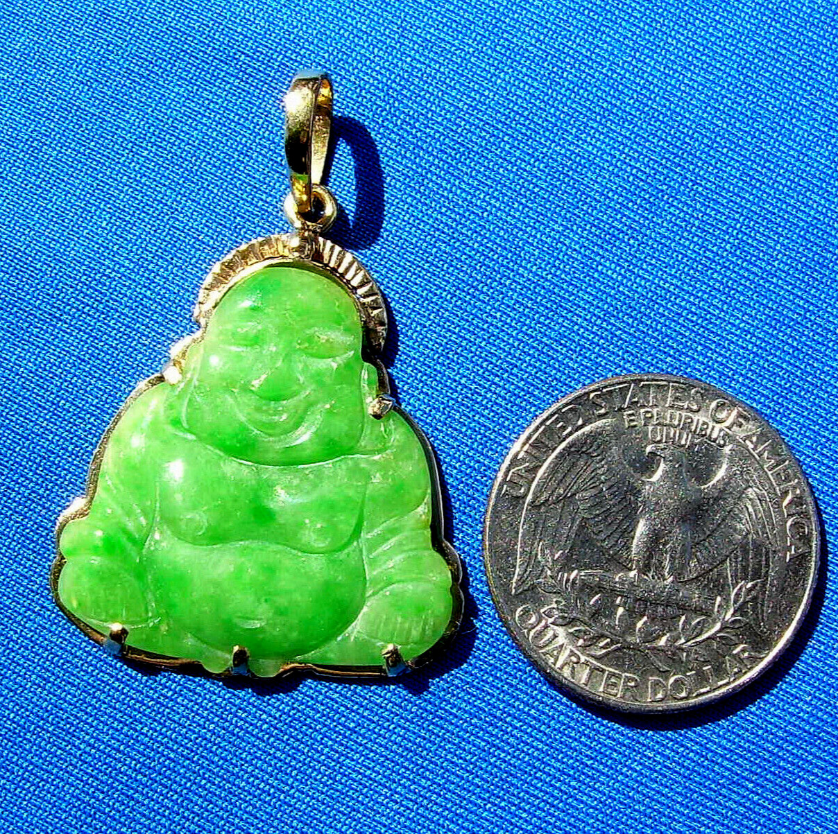 EARTH MINED Green JADE Laughing Budai Pu Tai Vintage Pendant 18K GOLD Good Luck