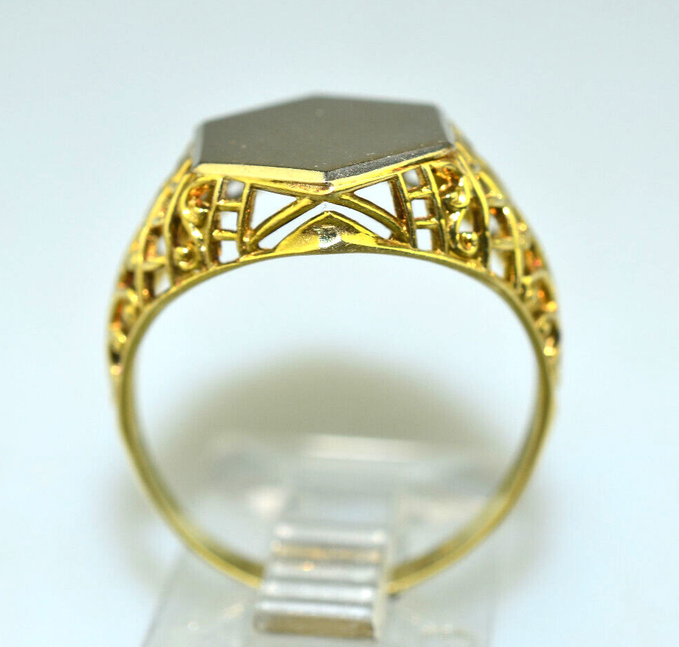 ANTIQUE 14K YELLOW GOLD HEXAGON SIGNET RING OPENWORK SIDES SIZE 5.5 NO MONOGRAM