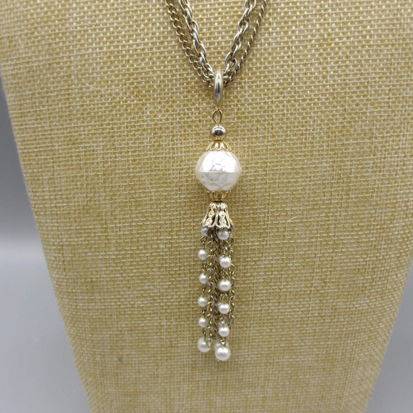 Vintage Tassel Necklace MCM Simulated Pearl Gold Tone 22 Inch