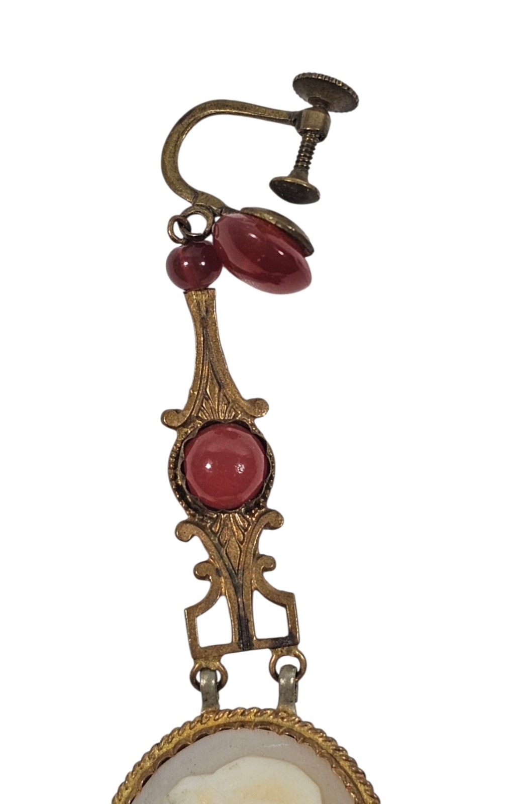 Antique Art Nouveau Single Dangle Earring Red Stones w/ Carved Cameo