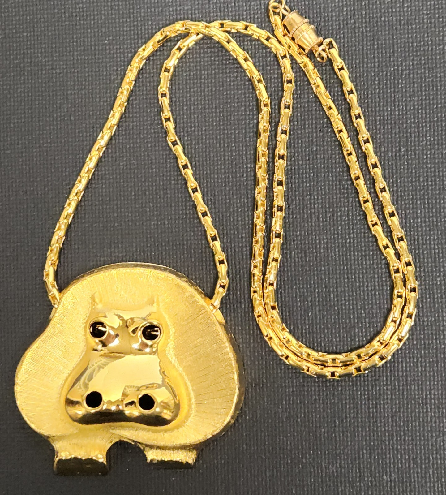 New Old Stock 1970’s Goldette Gold Plate Hippo Hippopotamus Pendant Necklace