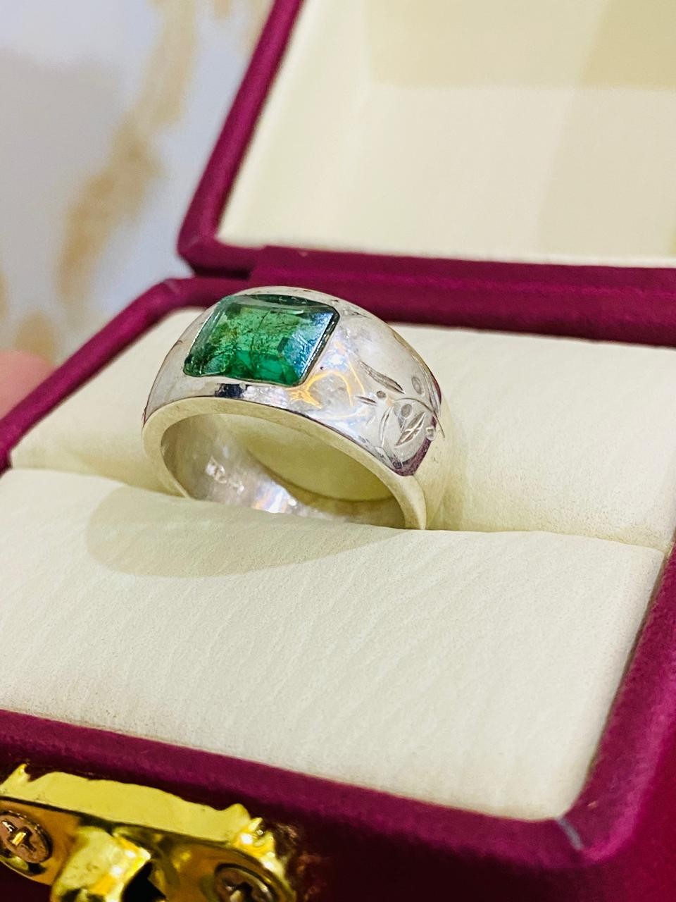 Emerald Ring Green Emerald Stone Ring Unisex Ring Silver Engraved Ring