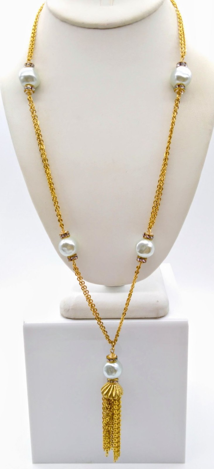 Vintage Multi Strand Tassel Necklace, Gold Tone Chains Double Strand with Baroqu