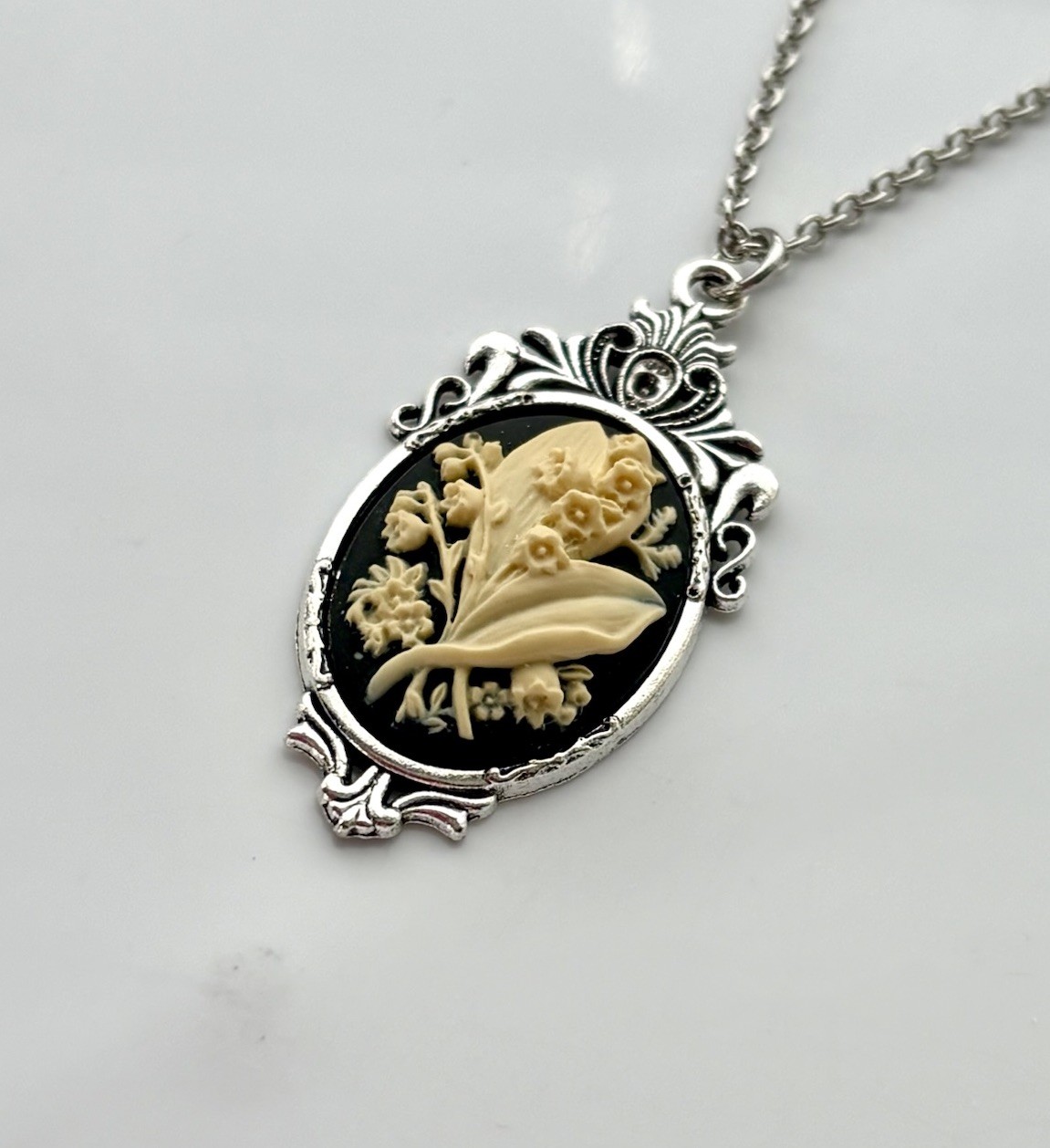 Lily of the Valley Cameo Necklace Cream/Black, Victorian Vintage Style Pendant