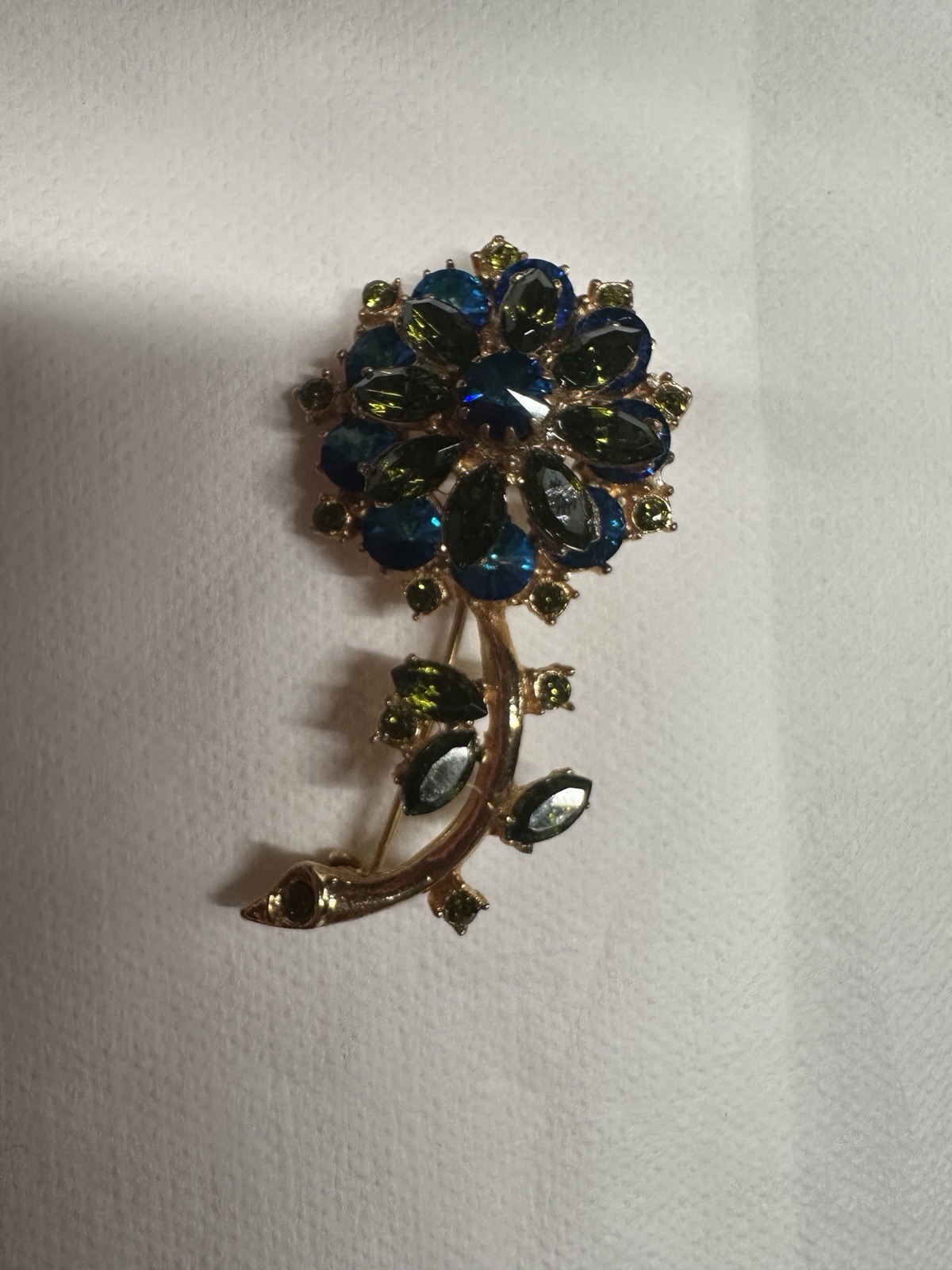 VTG Edlee Capri Rivoli Flower Brooch Blue Green Olivine Rhinestones Mid Century
