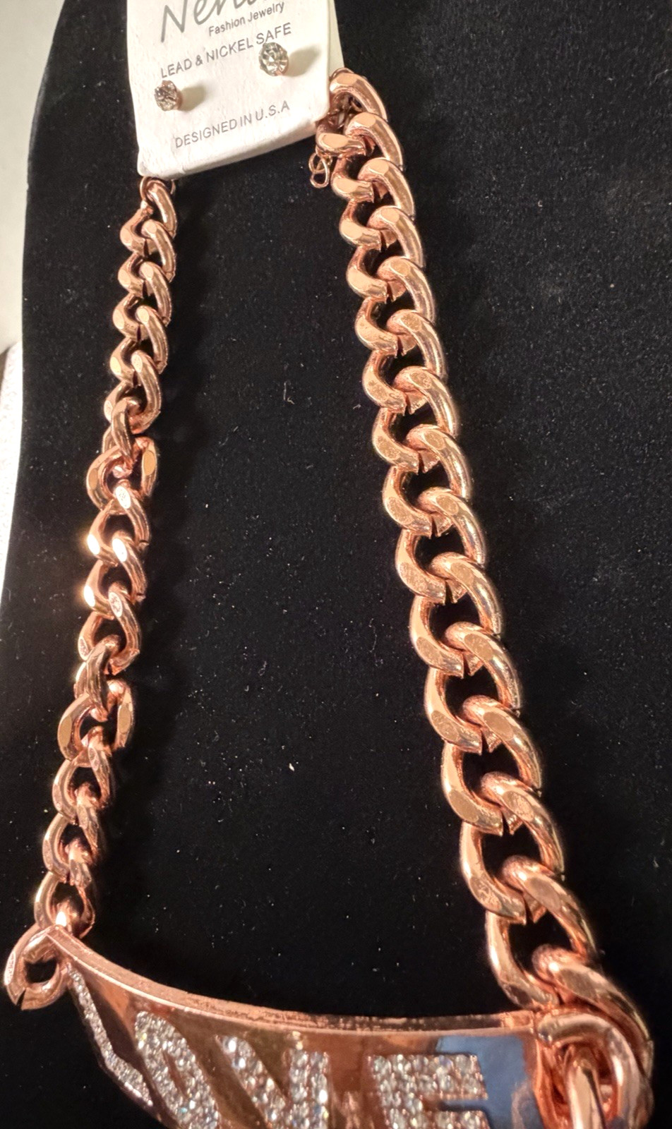 NENA Rose Gold-Tone Cuban Link Chain LOVE Plate Choker Necklace & Earrings Set