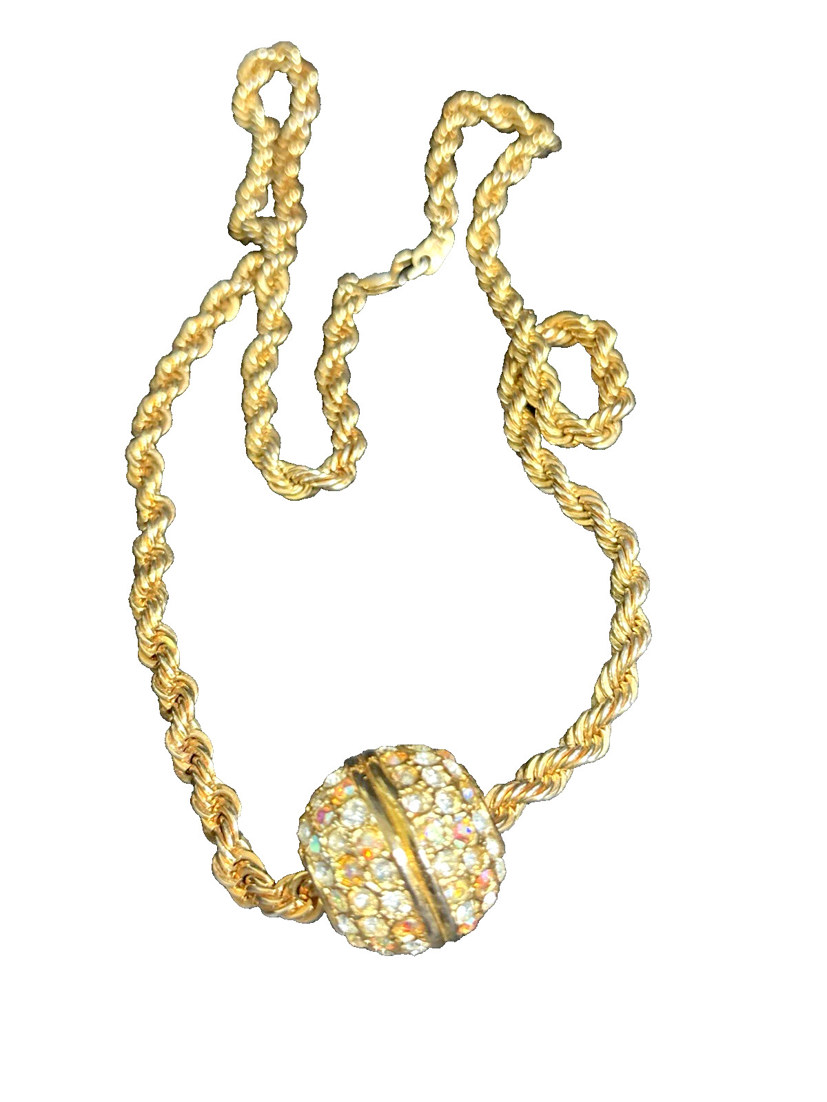 Vintage Rhinestone Slide Ball Charm Pendant necklace Gold Tone Iridescent