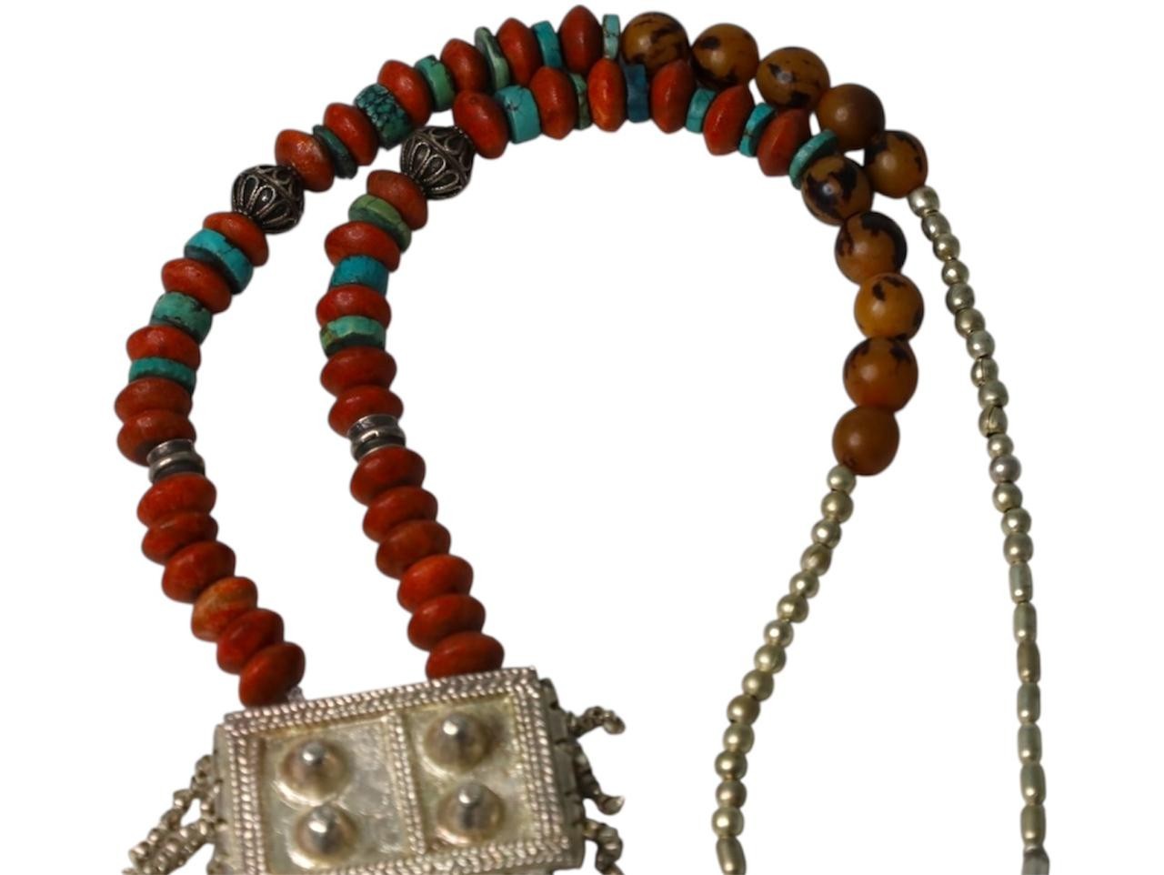 Vintage Yemeni Silver Hirz Necklace 45cm Handmade Carnelian Turquoise Tribal