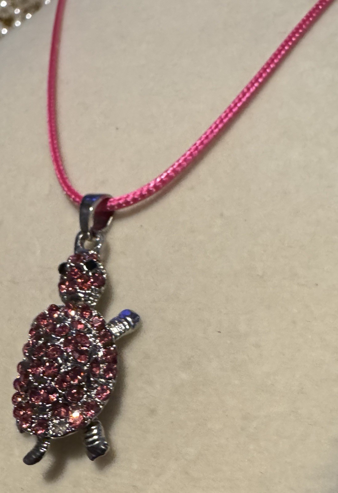Vintage Silvertone & Pink Rhinestone Turtle Pendant On Pink Cord Necklace 16”