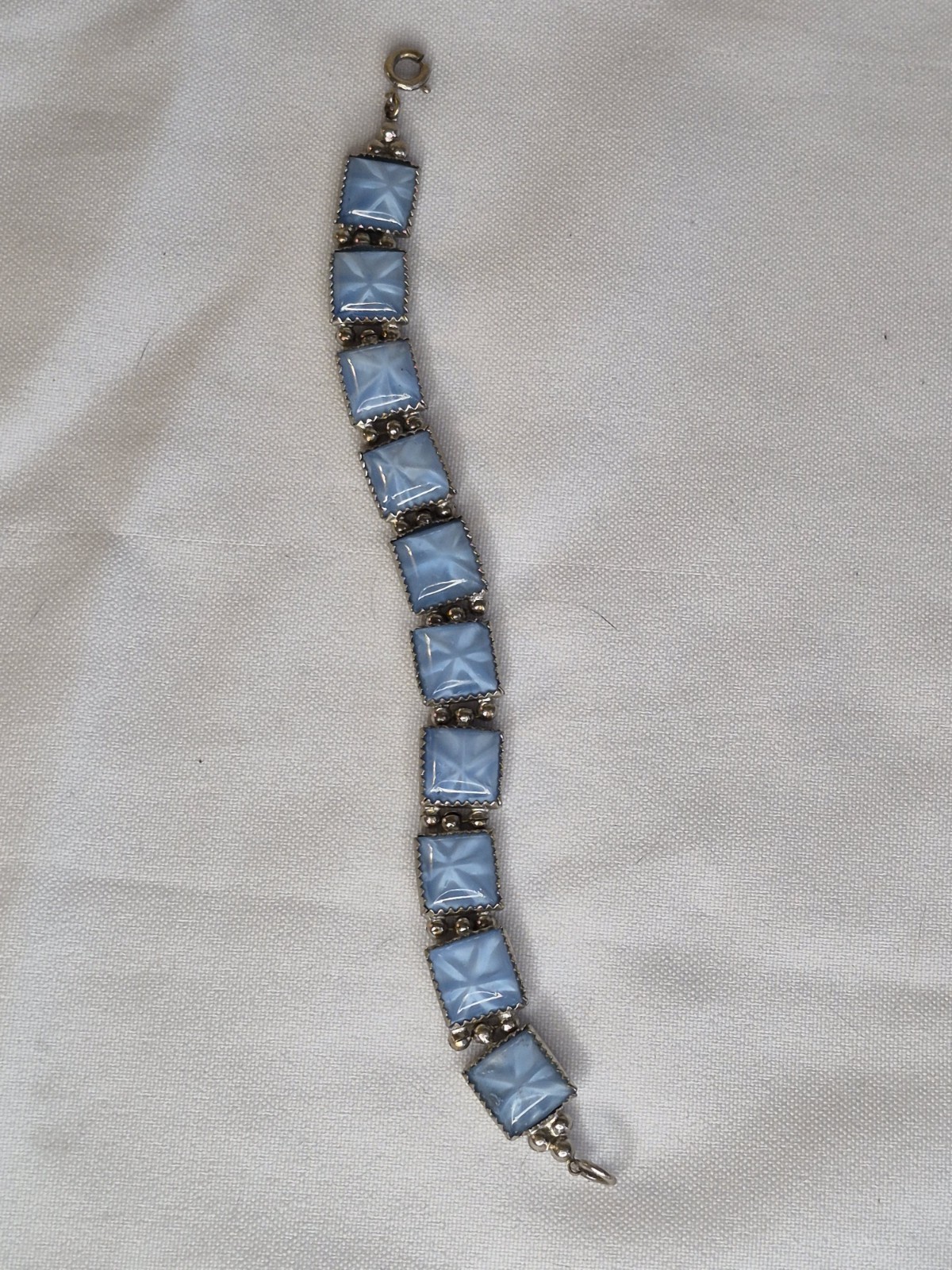 Blue Opaline Star Czech Glass Bracelet Square Silvertone Link 7 Inches Vintage