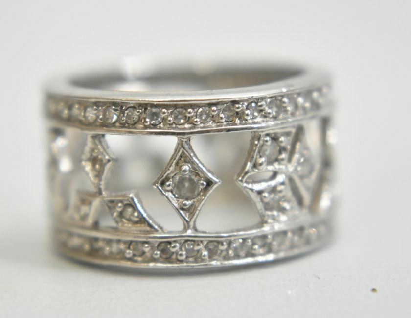 Crystal ring or wide band boho cocktail pinky sterling silver Size 5.50