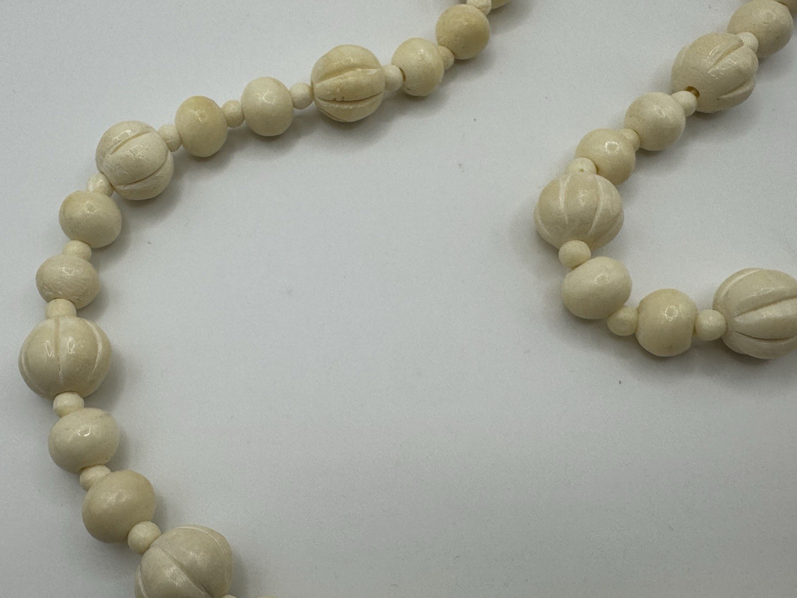 Vintage Antique Bovine Bone Beads Hand Carved Beaded Barrel Closure Necklace 31”