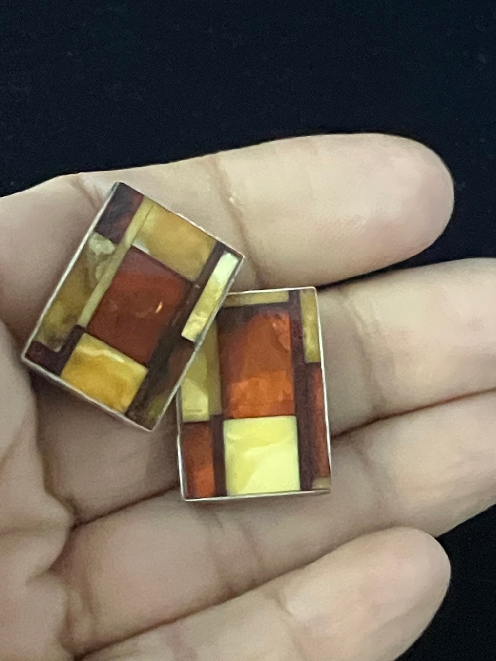 Vintage Baltic Amber Brooch Earring Clip On Set Mosaic Sterling Silver