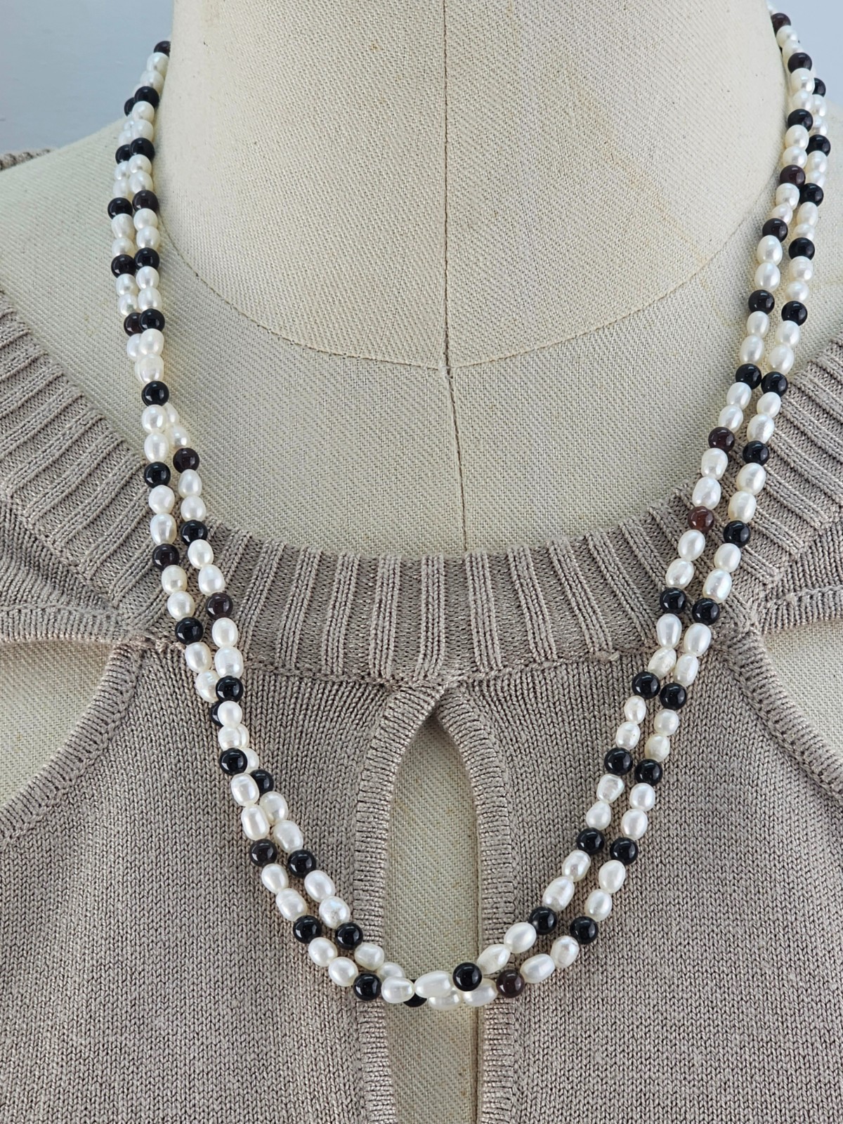 Vintage Rice Pearl Garnet 2 Strand 20″ Necklace
