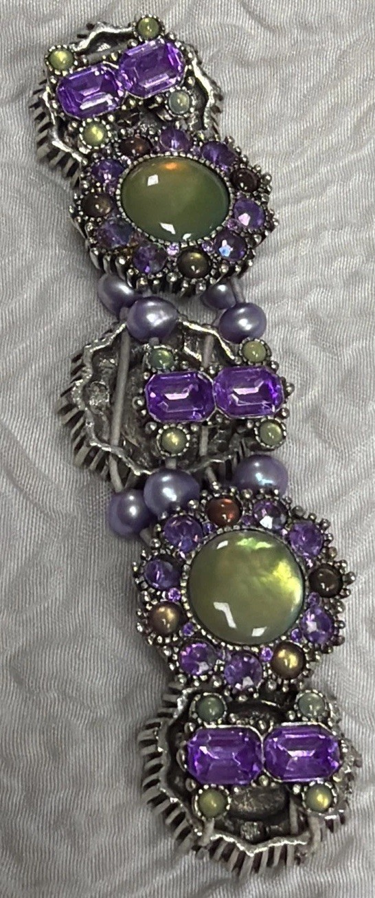 Vintage Selro Purple Large Multi-Color Glass Cabochon Green/Yellow Glow Bracelet
