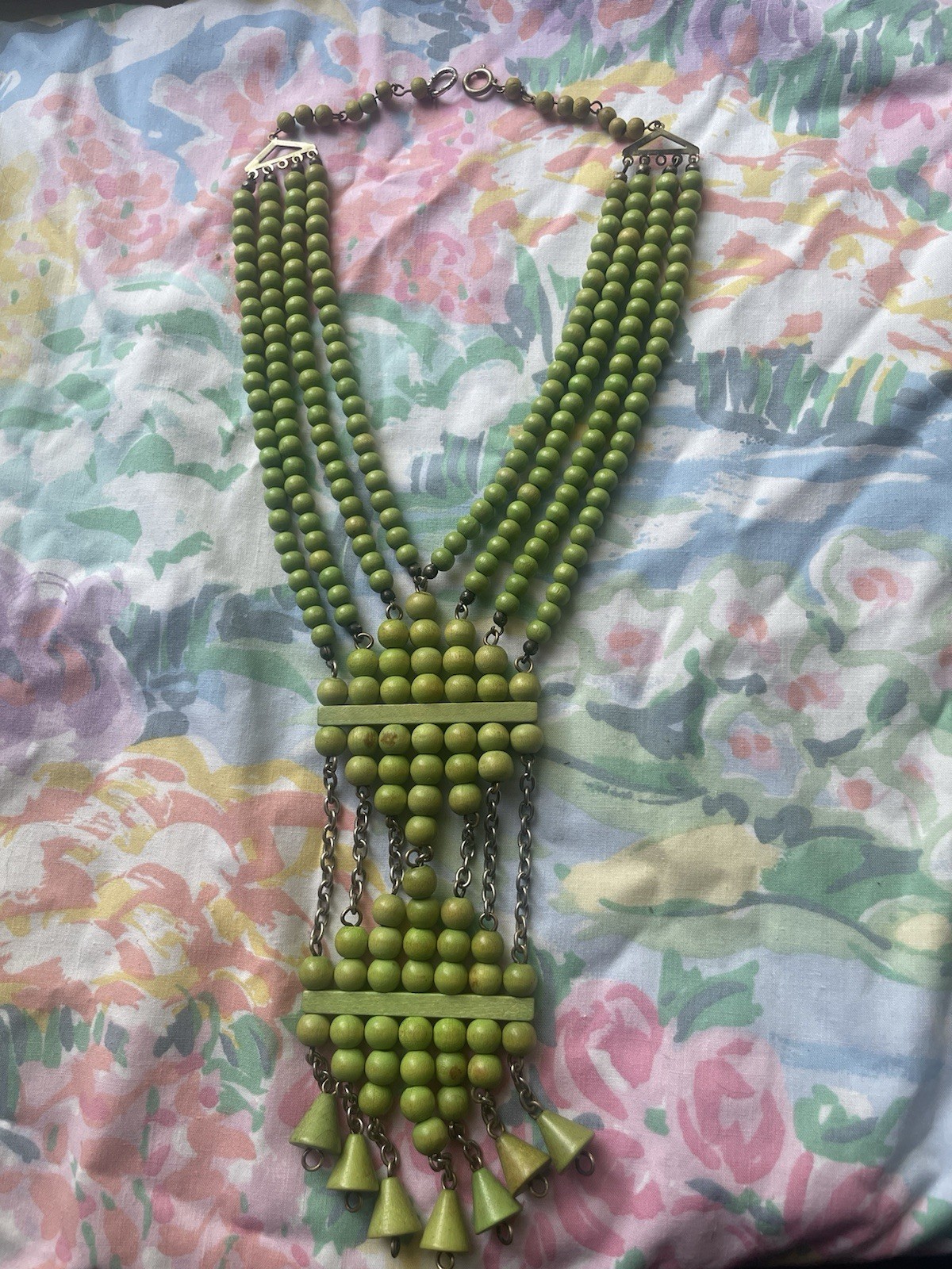 Wooden Beaded Lime Green Wire Necklace Antique ? Unknown age. Choker