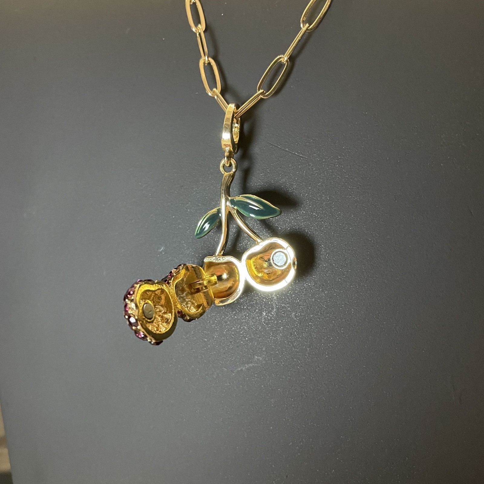 A New Day Gold Tone Link Chain & Ruby Cherry Rhinestone Magnetic Locket 18″