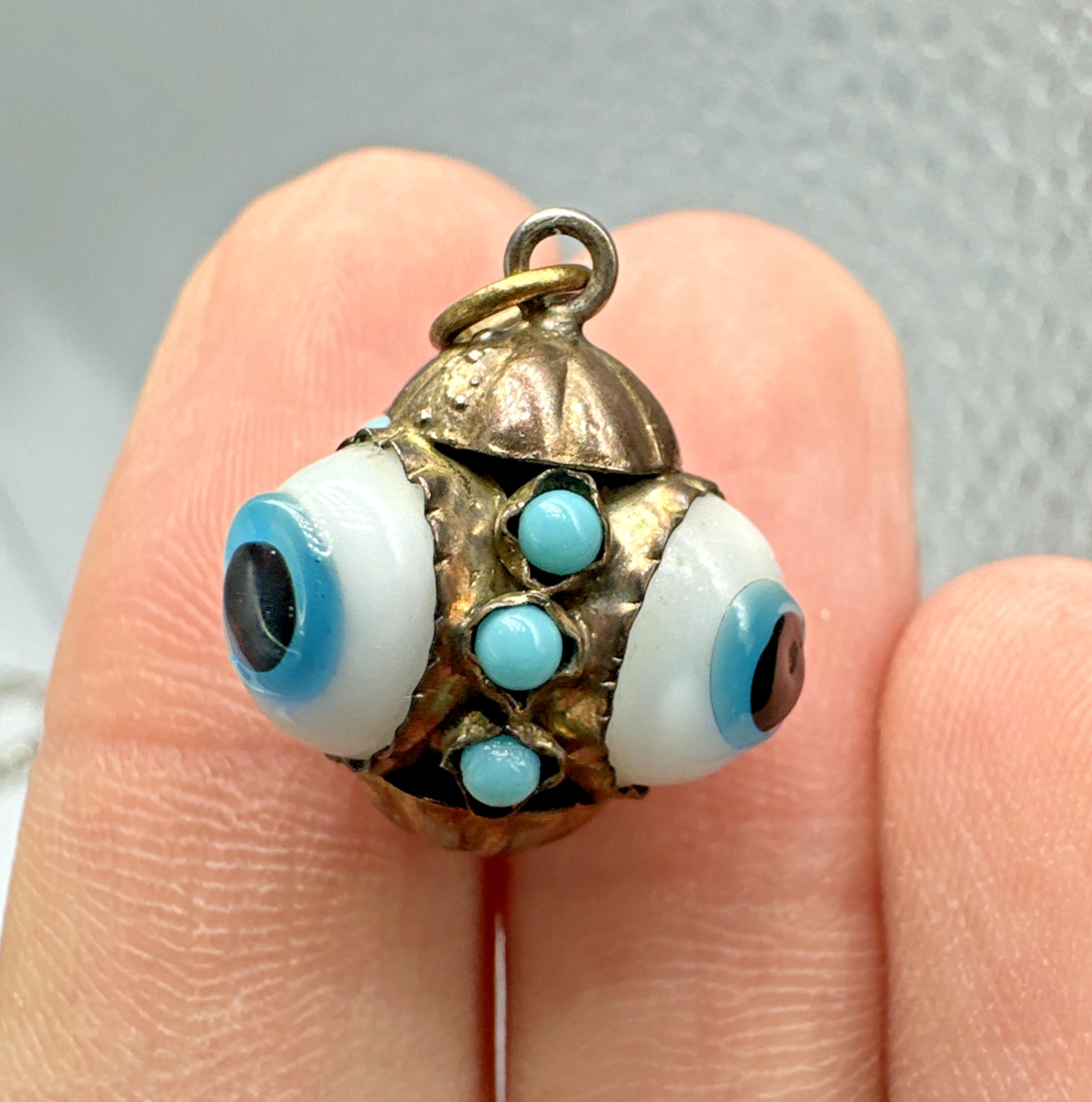 Vtg Victorian? Triple Evil Eye Blown Glass Gilted Brass Pendant Good Luck Amulet