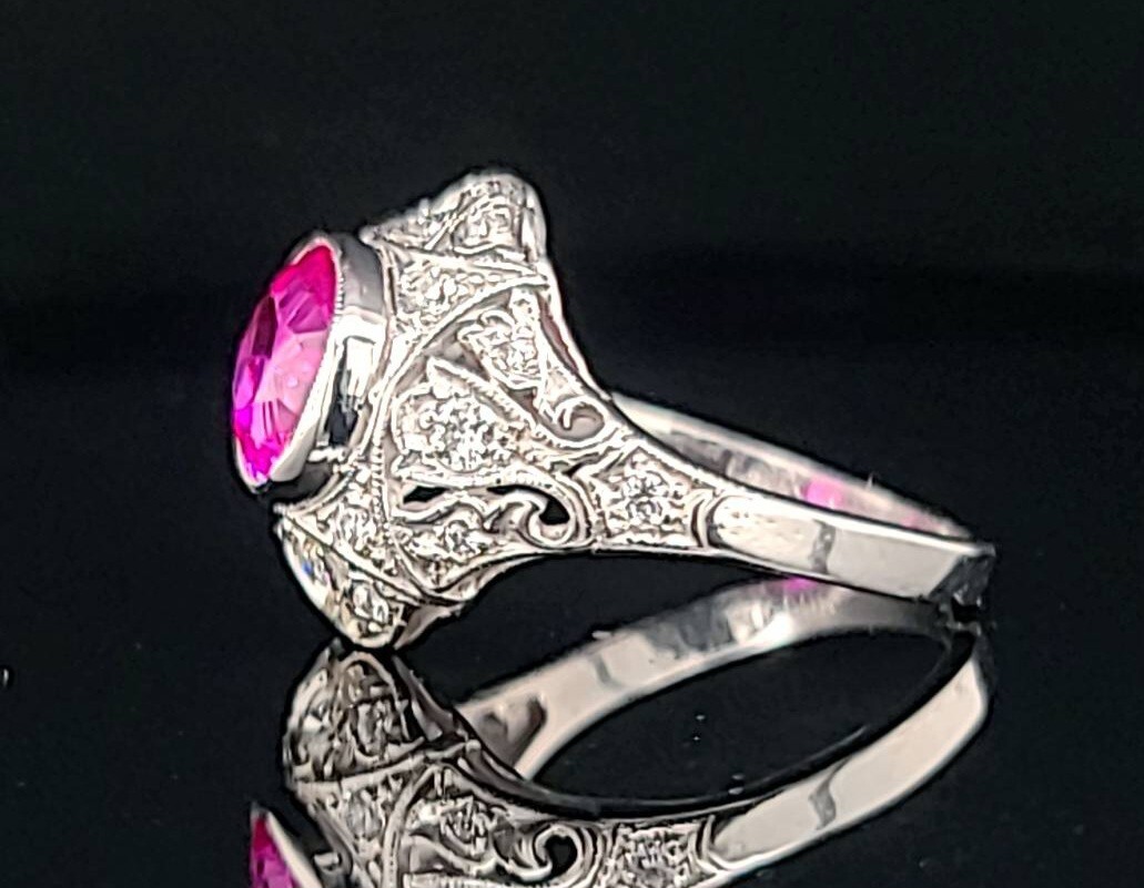 Vintage 14k White Gold Engagement Ring 2.92CT. Gem Pink Sapphire Round Cut