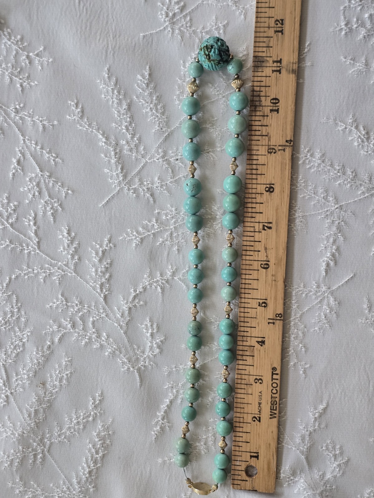 Chinese Turquoise Shou Carved Bead Earrings & Necklace 21” Gold Plated Clasp