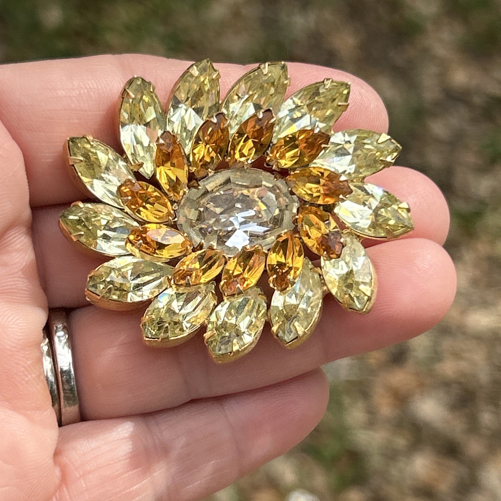 Vintage Kramer of New York Golden Brown Yellow & Clear Rhinestones 2″ Wide