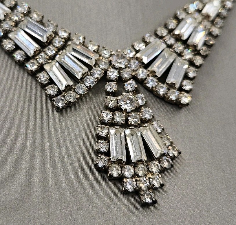 Vintage Art Deco Rhinestone Necklace Earrings Set Clear Baguette Pave Lot 15″