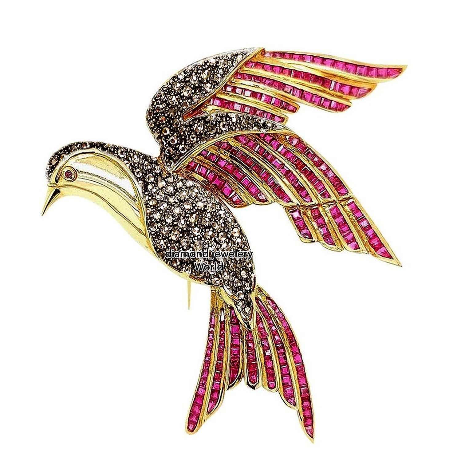 Stunning 3.40ctw Rose Cut Diamond Ruby Silver Vintage Style Bird Brooch Jewelry