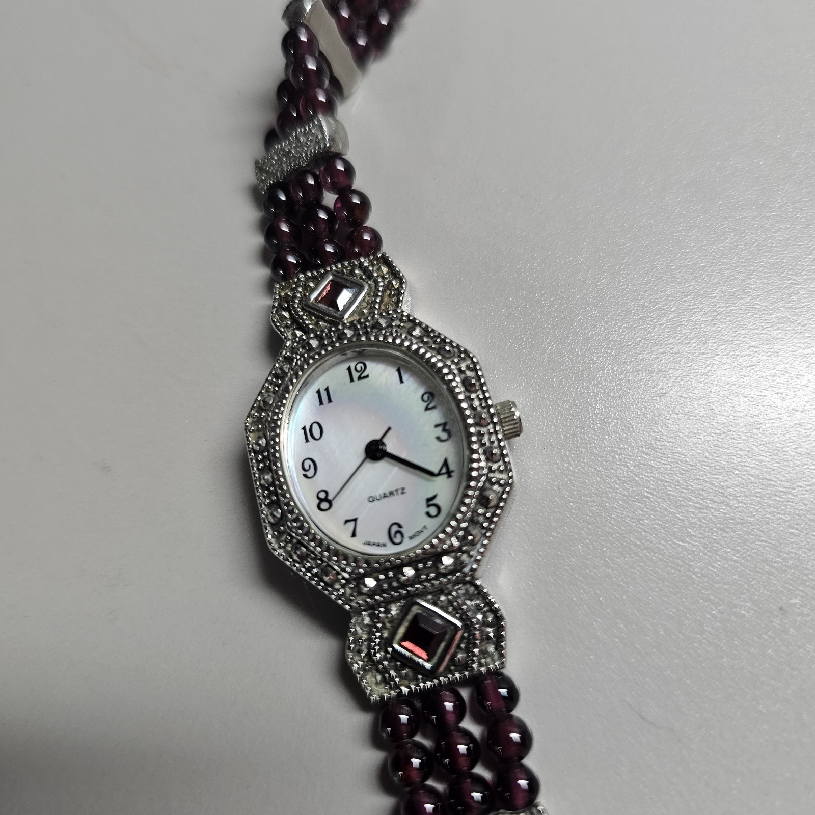 Vtg Silver Tone Marcasite W/ Garnet Beads Watch & Bracelet Set