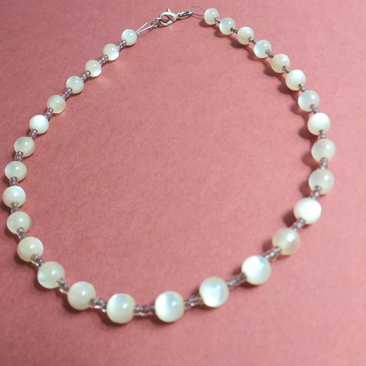 Moonglow Lucite & Glass Bead Choker Necklace 14″ Handmade Vintage Beads